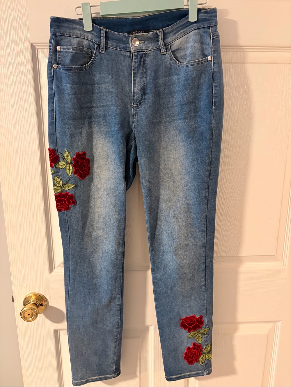 VENUS Light Blue Skinny Jeans with Red Rose Embroidery
